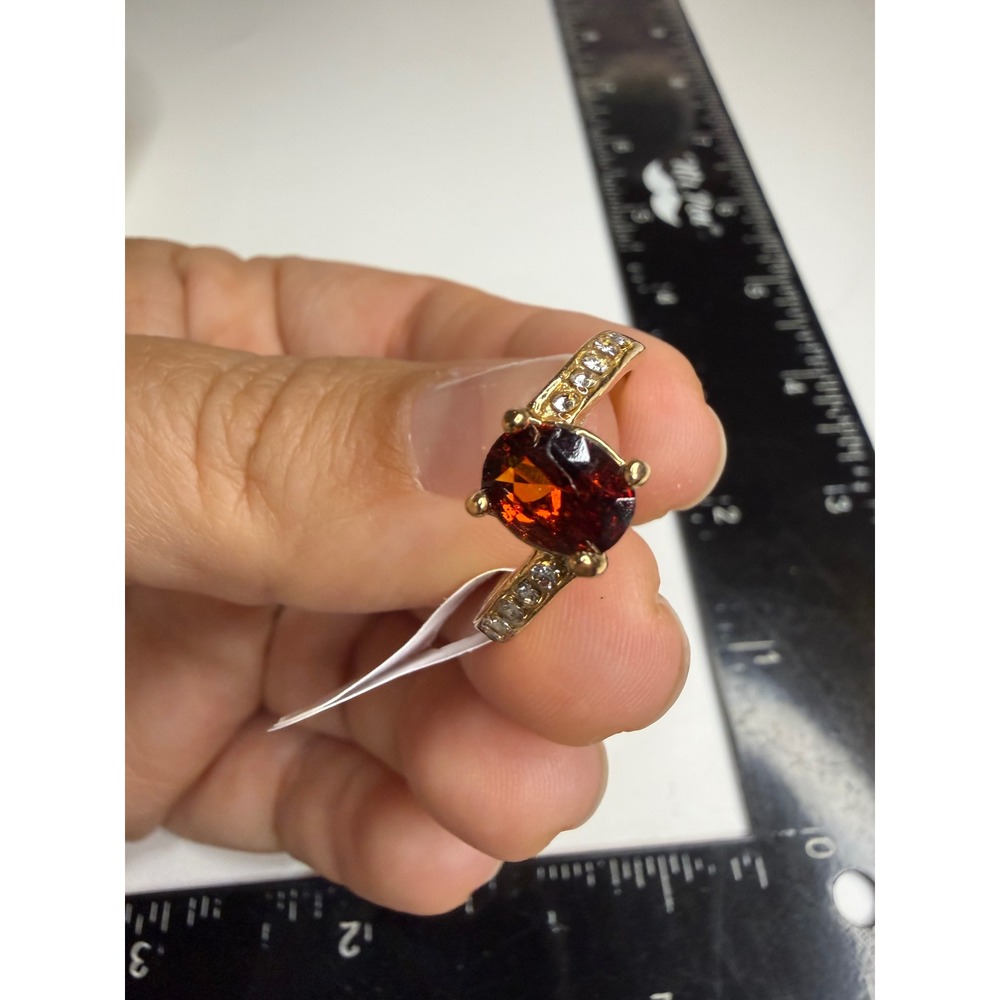 Gold Tone Oval Burnt Orange Stone Bypass Ring with Clear Accents Size 8